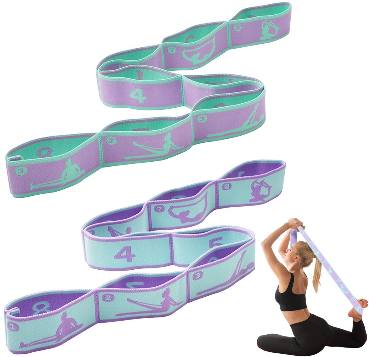 Set van 2 weerstandsbanden met 8 slingen, Yoga band, voor stretches en een effectieve yoga training, Fitness band, stretch band en oefening band in één, ideaal voor de