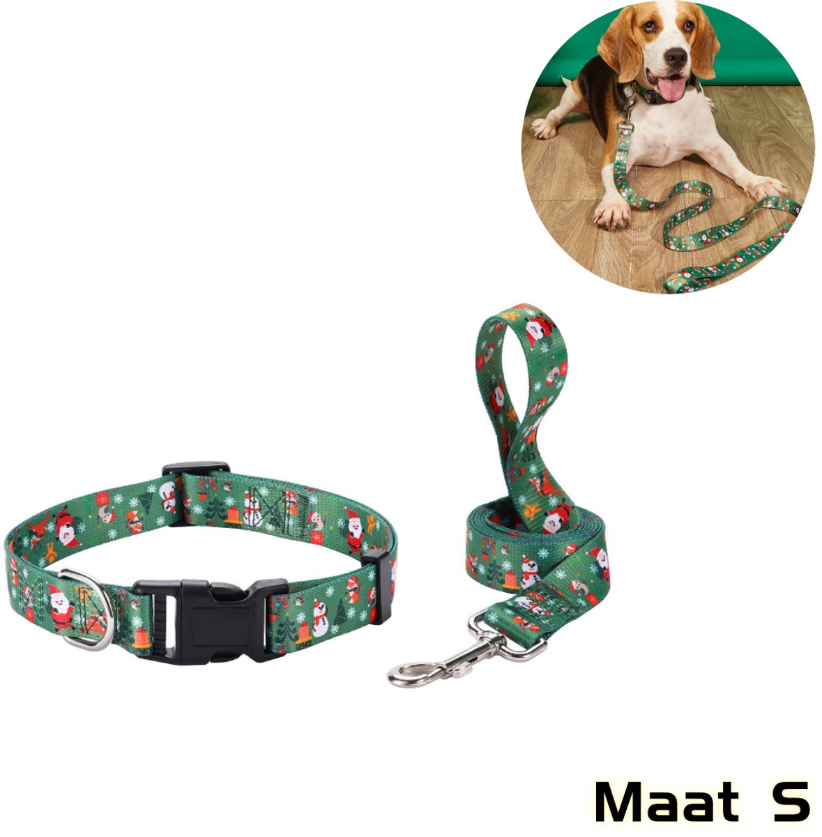 Huisdieraccessoires - Hondenhalsbanden en riemen - Kerstmanontwerp - Geschikt voor kerstfeesten - Hondenuitlaatset - Verstelbaar harnas voor kleine en middelgrote honden - Kerstversieringen - Maat S - Groene
