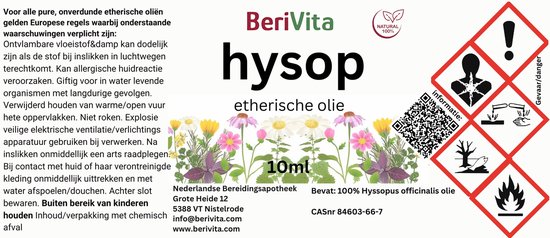 Label met waarschuwingen voor Berivita etherische olie van hysop, 10ml.