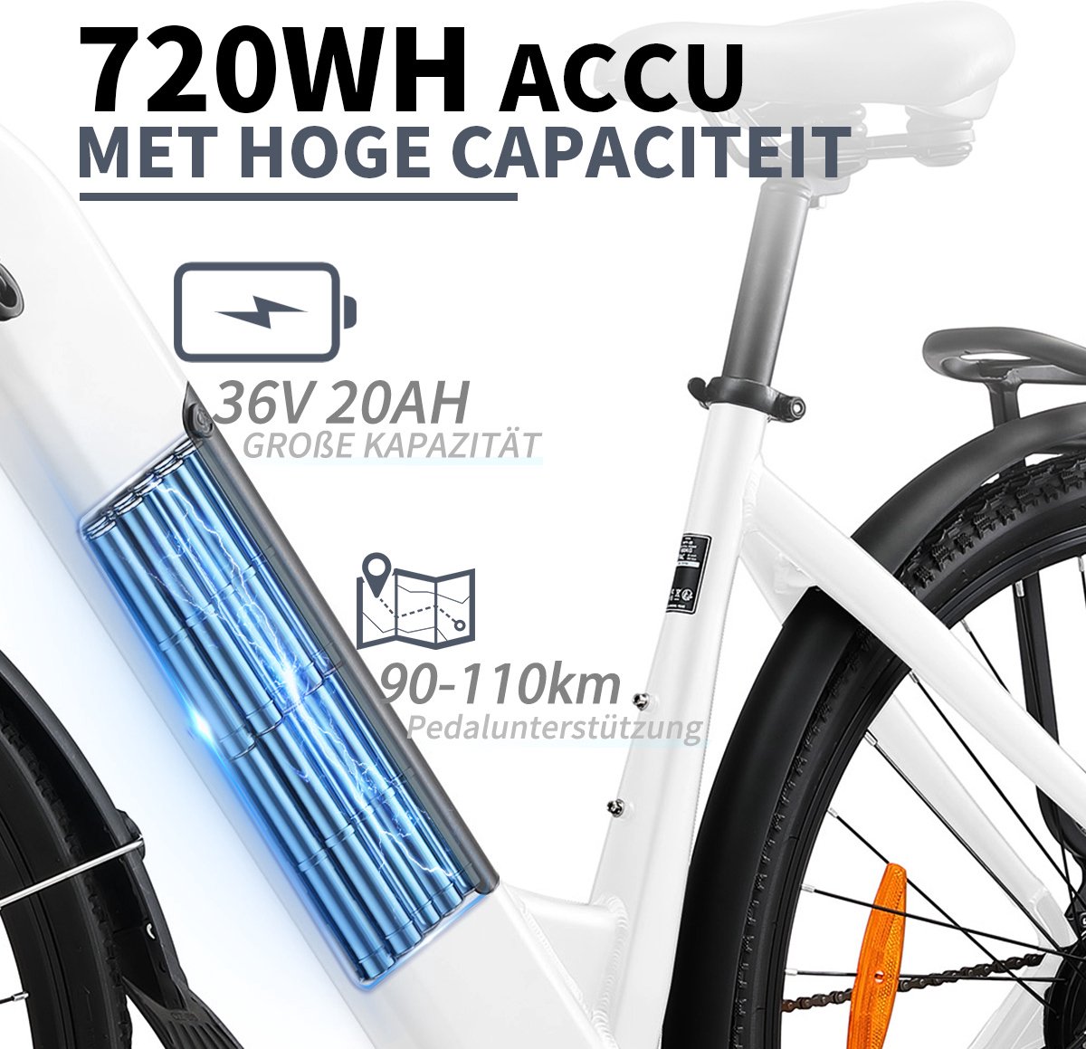 TTGO HZ-28ST Elektrische Fiets - 250W Motor - 36V20Ah Accu - Max Snelheid 25km/u - Max Bereik 80-120km - Shimano 7 Versnellingen - Wit - afbeelding 3
