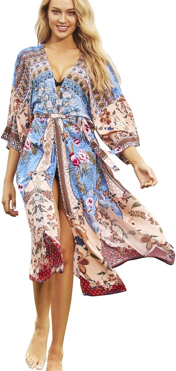 Dames Katoenen Lange Kimono Strand Cover-up Jurk Plus Size