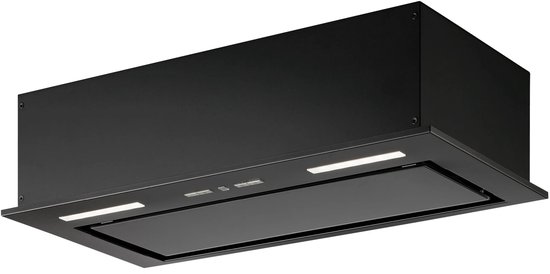 Zwarte inbouw afzuigkap met twee led-strips boven een glazen paneel.