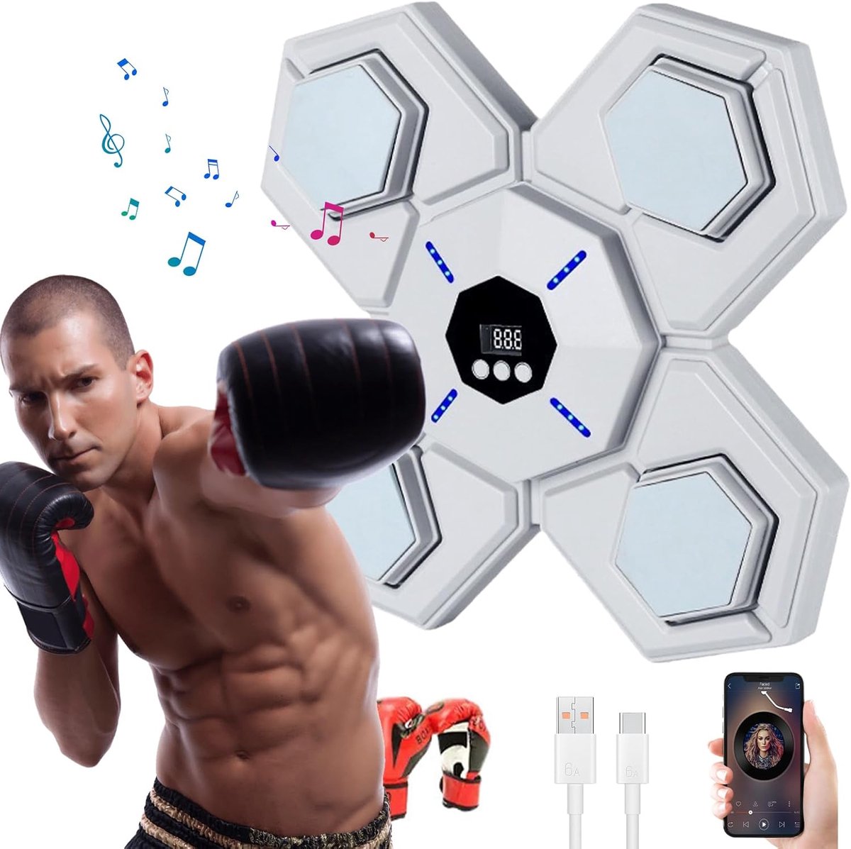 Boxing Machine - Boksmachine - Muzikale Boxmachine - Slim LED Elektronisch Draagbaar Muurmontage, Verbeterd Oog-Hand Coördinatie, Stressverlichting, Bluetooth (Wit)