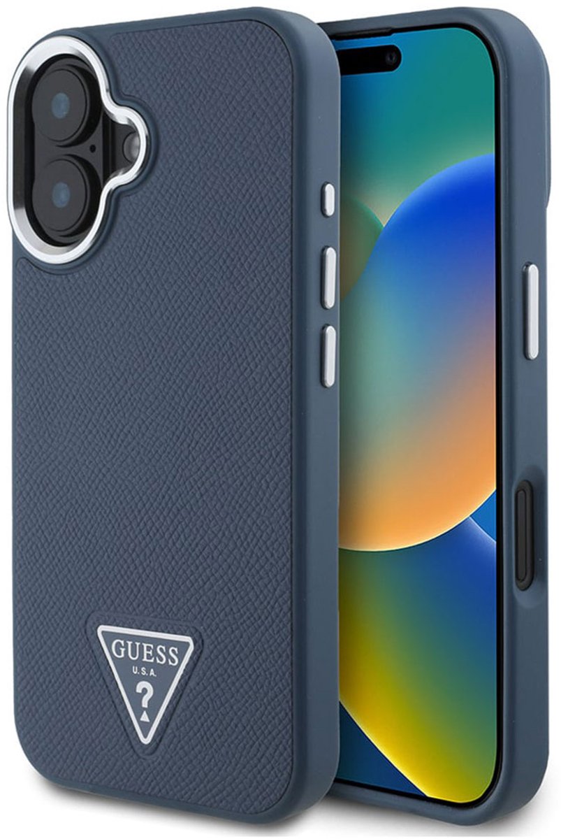 Guess Grained Triangle Case geschikt voor MagSafe geschikt voor iPhone 16 - Blue
