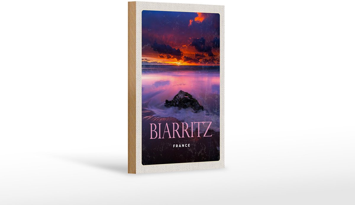 Femer Holzschild Reise 12x18 cm Biarritz France Sonnenuntergang Dekoration Multi