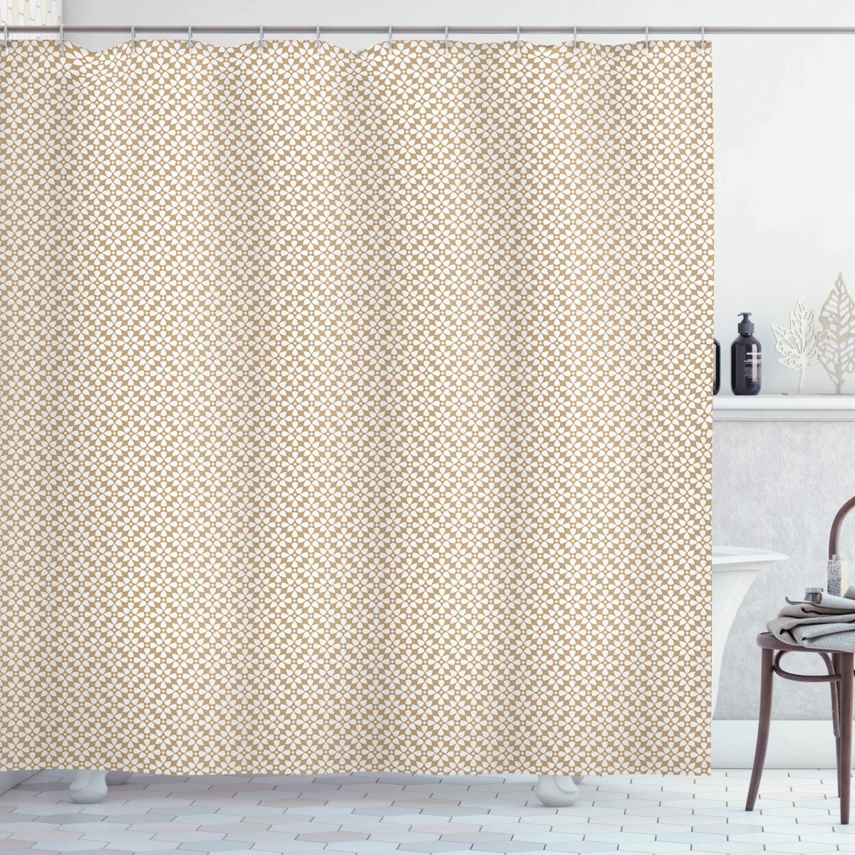 ABAKUHAUS Douchegordijn – Boho monochrooms bloemendessin – 175x200 cm – donker zand/bruin & wit