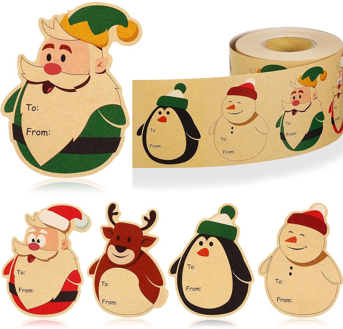 QTTVBTNA - 200 Stuks Kerststickers - Kerstman & Sneeuwpop Zelfklevende Labels - 4 Designs Kraft Papier Stickers voor Cadeaupapier & Enveloppen - Feestelijke Decoratie voor Sinterklaas en Kerst - 5.5x7.5cm