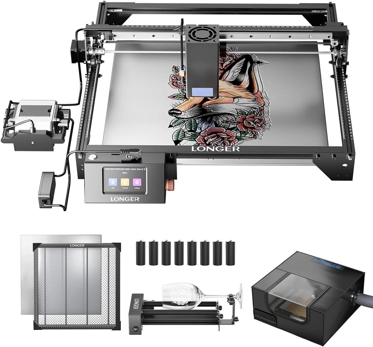 LONGER RAY5 40W Lasergraveermachine Set – 400×400 mm – Met Rolupgradekit + 440×440 mm Honingraatplaat + RAY5 Beschermkap – Lasergraveerder & Lasersnijder voor Hout/Metaal