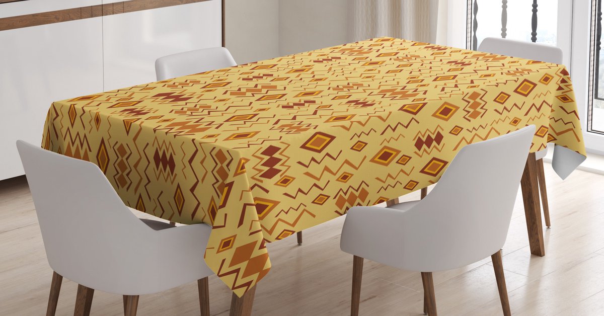 ABAKUHAUS Random Doodles Tafelkleed – vlekbestendig, wasbaar, 140 x 170 cm, bruin mosterd