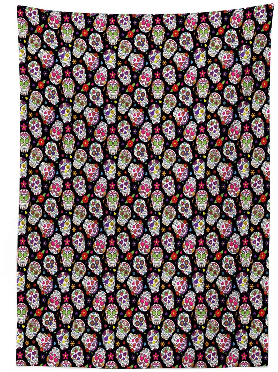 ABAKUHAUS – Tafelkleed Bloemen suikerschedel, 140x200 cm, rood-zwart