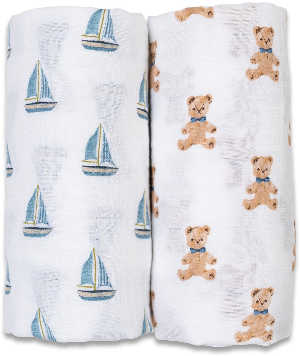 Lulujo - Hydrofiele Doek - Swaddle - Katoen - 100x100 cm - 2-pack - Vintage Teddy & Sailboats - Kraamcadeaus - Babydekens - Babycadeaus - Tetradoeken - Zwangerschapscadeau