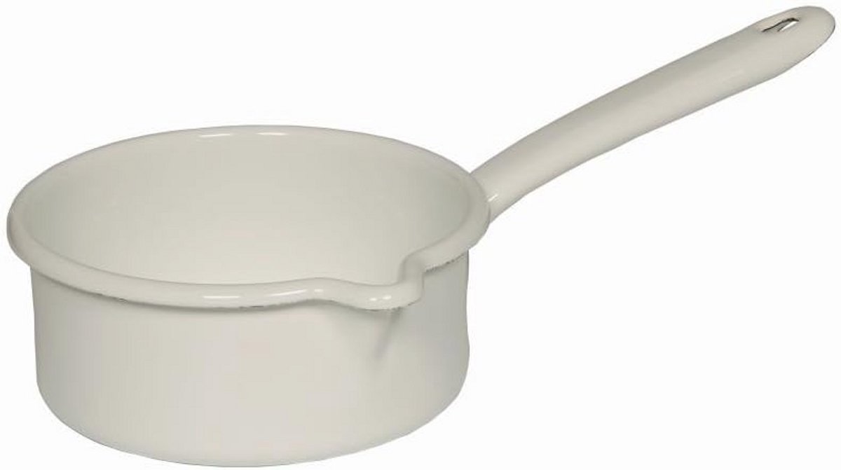 Steelpan met grote schenktuit, wit, 12 cm diameter voor inductie en gas