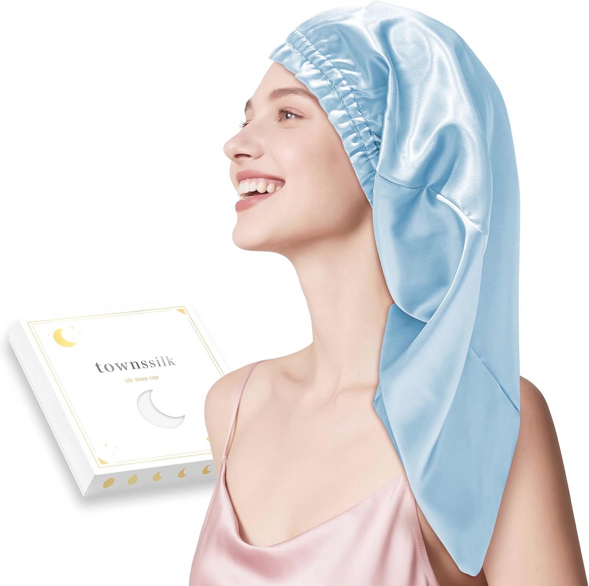 Zijden slaapmuts voor dames - 100% moerbeizijde, luxueus en ademend, ideaal voor lang en krullend haar - 80cm Ice Blue