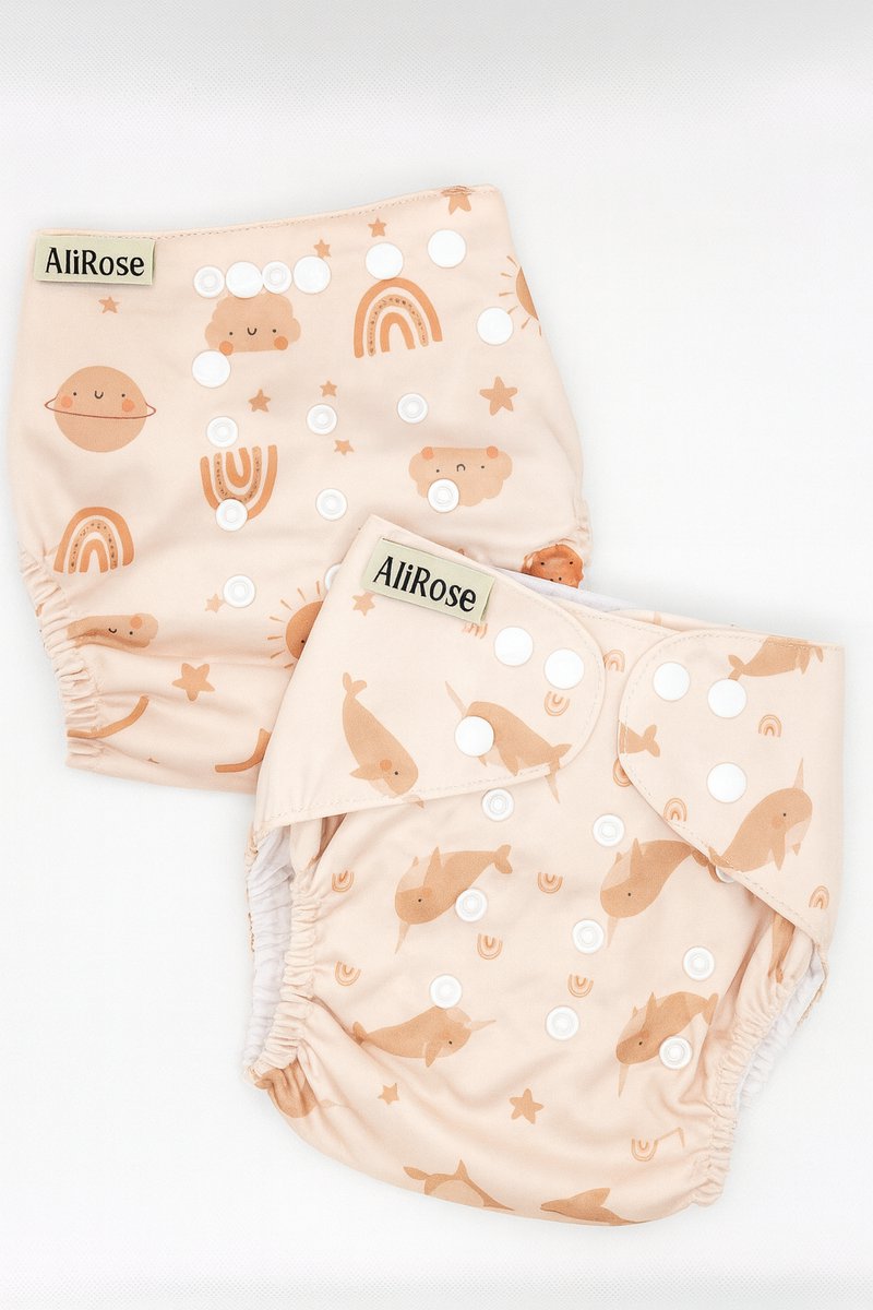 AliRose Insert (Pocket Model) - Wasbare Luierset 2-Pack – Met Drukknoop Maatverstelling • Pocket Insert • Zacht, Ademend & Herbruikbaar - Narwal en Hemel