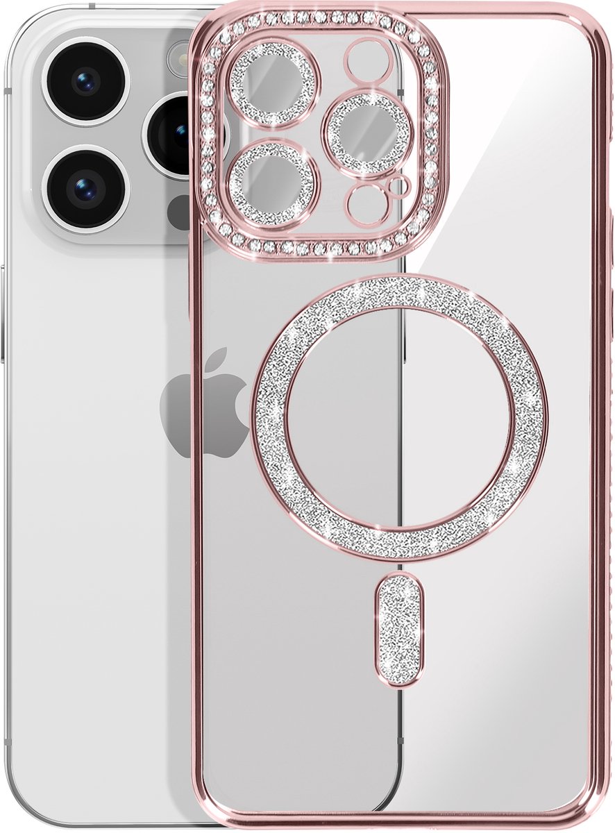 Avizar Diamond hoesje Geschikt voor Apple iPhone 14 Pro MagSafe Omtrek Strass, Roze