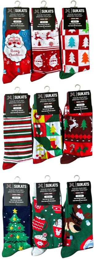 Sukats® The Casual Ones - 9 Paar - Kerstsokken - Maat 38-44 - One-Size - Dames en Herensokken - Set A - Happy Colorful Socks - Grappige Sokken - Vrolijke Sokken - Cadeausokken