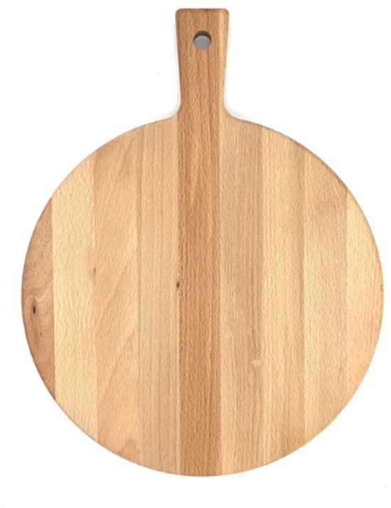 Planche de service ronde en bois de hêtre avec poignée – 35 x 43,5 cm – Planche à apéritif en bois durable pour Tapas et présentation