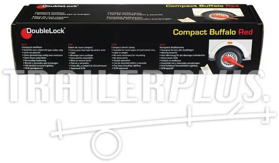 Verpakking van de rode DoubleLock compacte wielklem "Buffalo Red", met productafbeelding.