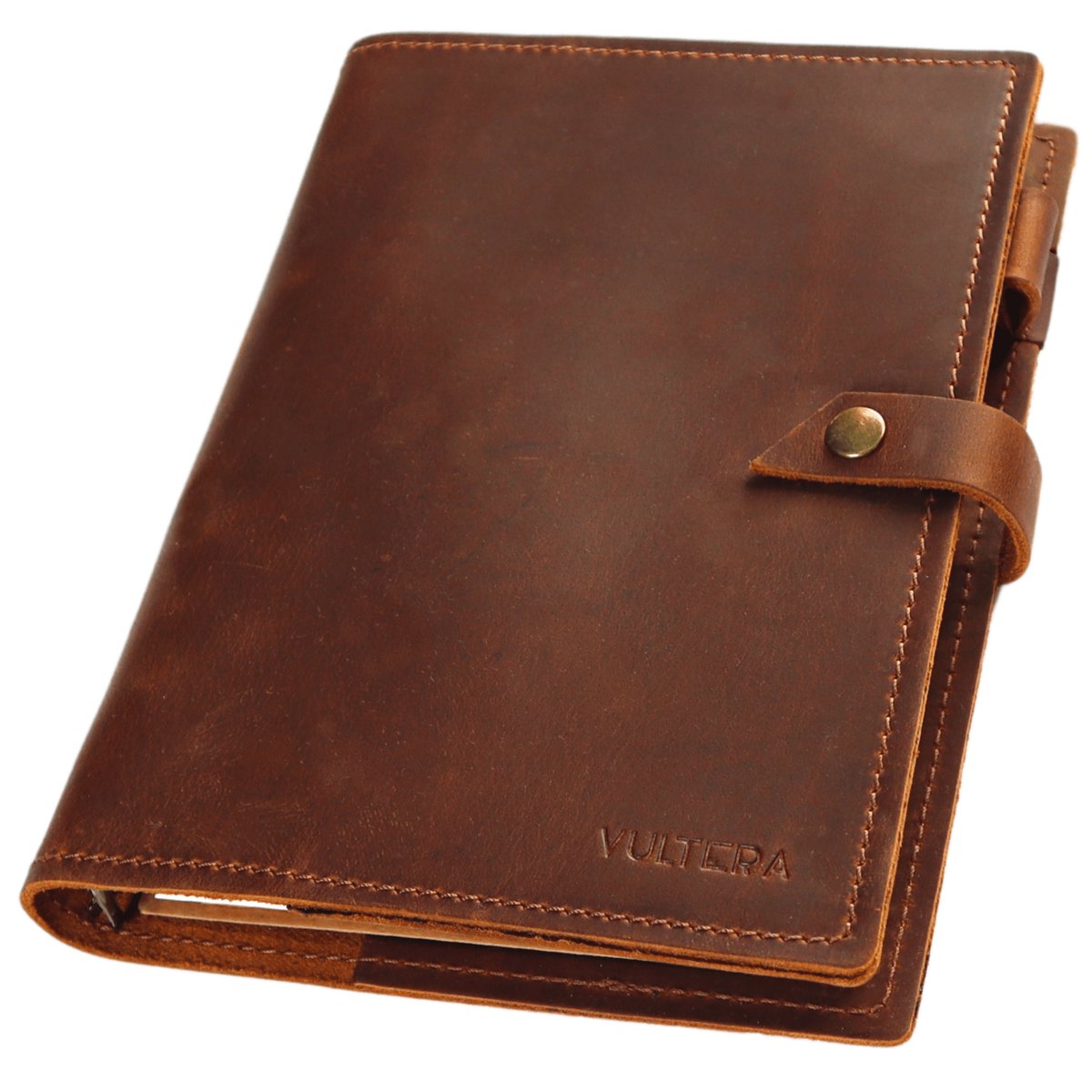 Vultera ROALD leren notitieboek - A5 met ringband – Gelinieerd - Hervulbaar - Journal - Notebook - schrijfmap - leer - Cognac