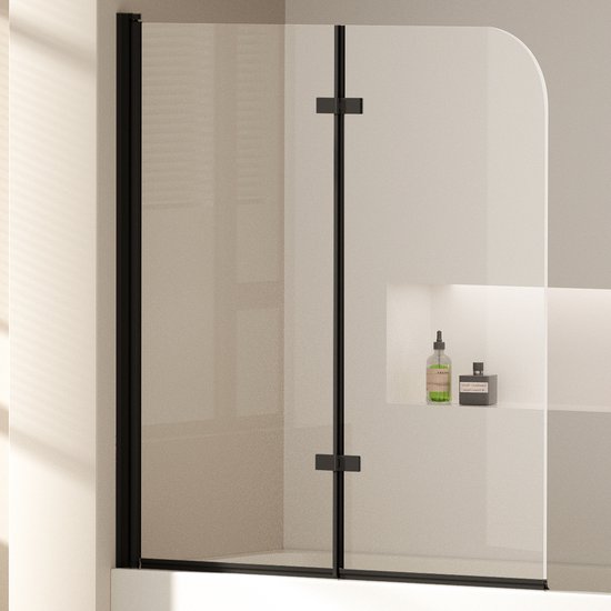 EMKE Paroi de baignoire - Pliable - 120x140cm - Zwart - Verre de sécurité transparent 6 mm - Revêtement Nano - Profilé aluminium - Pare-baignoire
