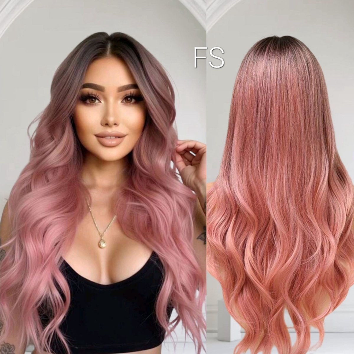 Roze Pruik - Pruiken Dames Lang Golvend Haar-Roze Pruik - Haarwerk- 65 cm- Frazimashop- Pruiken- Hittebestendig