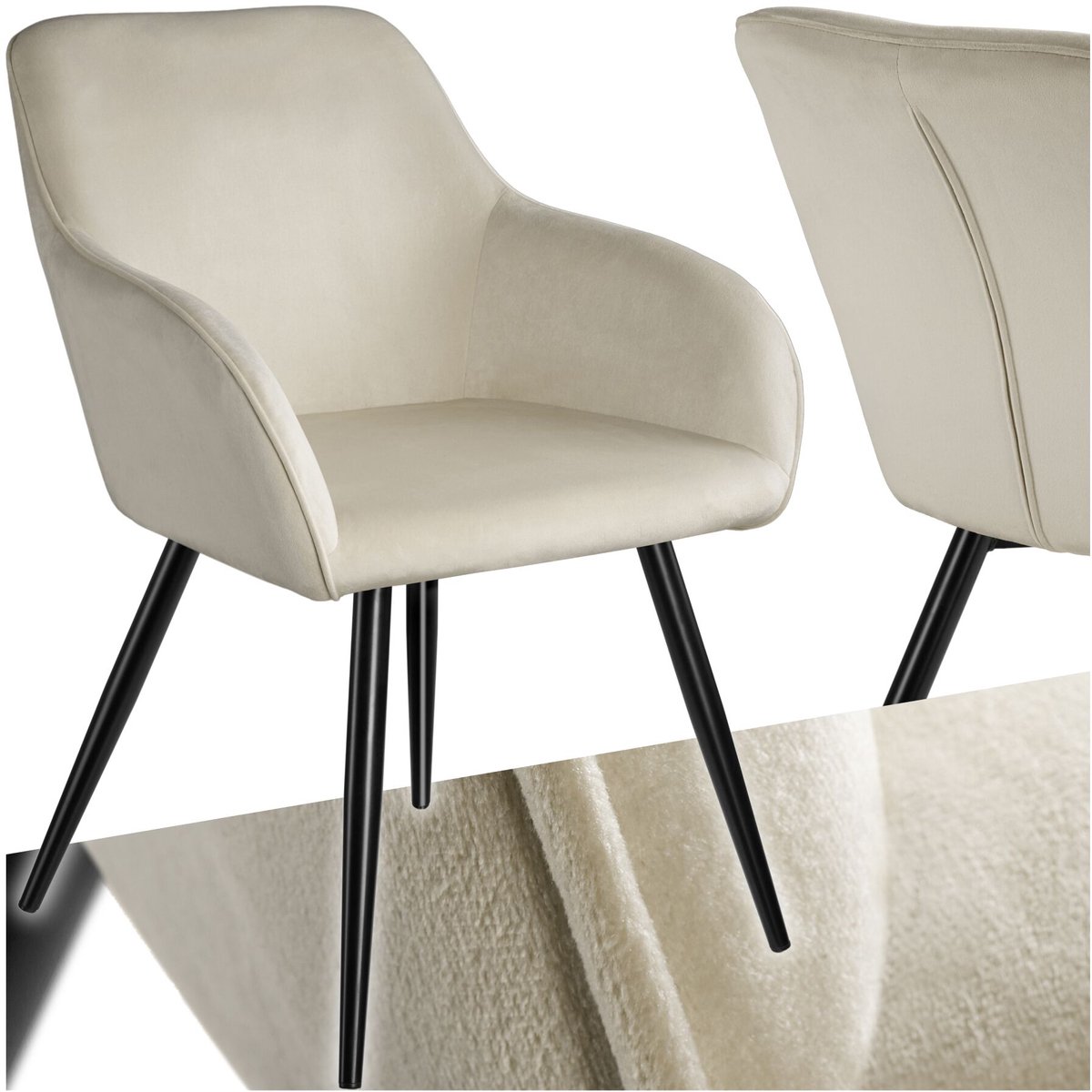 tectake® Eetkamerstoel Marilyn - Met Armleuningen - Elegante Stoel met Gevoerde Zitting in Fluweellook - Gestoffeerd - Zwarte Metalen Poten - Ergonomische Keukenstoel - Stoel voor Woonkamer, Eetkamer en Slaapkamer - Creme