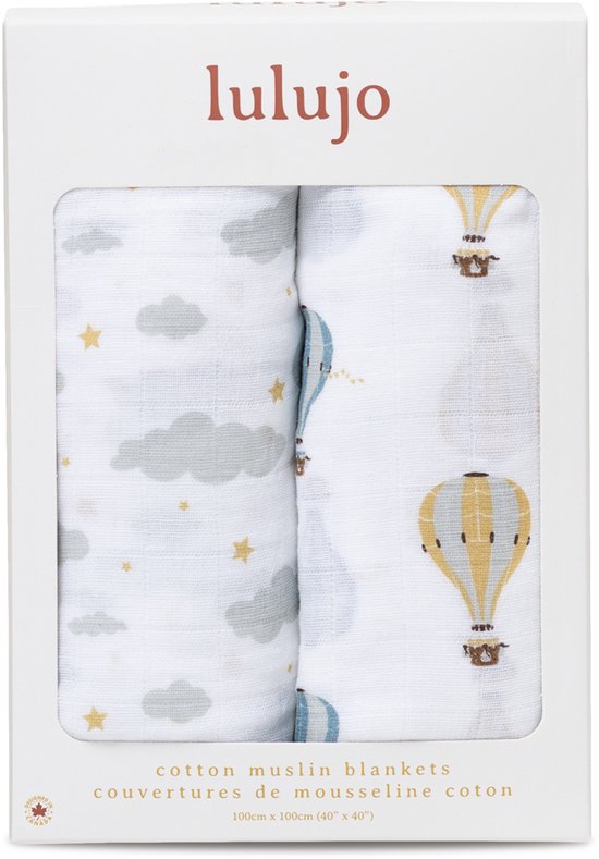 Lulujo - hydrofiele doek - swaddle - katoen - 100x100 cm - 2-pack - Hot Air Balloon van Merkloos — afbeelding 4