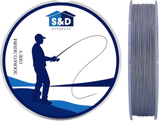 S&D | Fil de pêche tressé 300 m – 0,36 mm – 22,7 kg – Grijs – PE 4 brins – Résistant, fin et durable – Pêche en eau douce et en eau salée