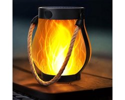 2-delige Solar Lantaarn Buitenverlichting - 12×13cm - Dancing Flame Solar Lantaarn Buitenverlichting - Hennep Touw Vlam Lantaarns - Geschikt voor Camping, Terrassen, Tuinen, Patio's, Veranda's, Tuindecoraties - Zwart