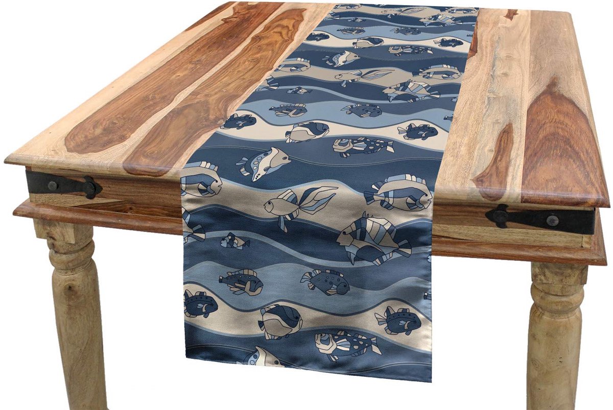 ABAKUHAUS tafelrok – vis-aquarium patroon – 40×300 cm kadetblauw tan