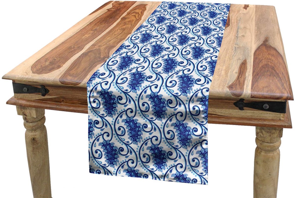 ABAKUHAUS Paisley tafelloper – 40x180 cm – polyester blauw/wit