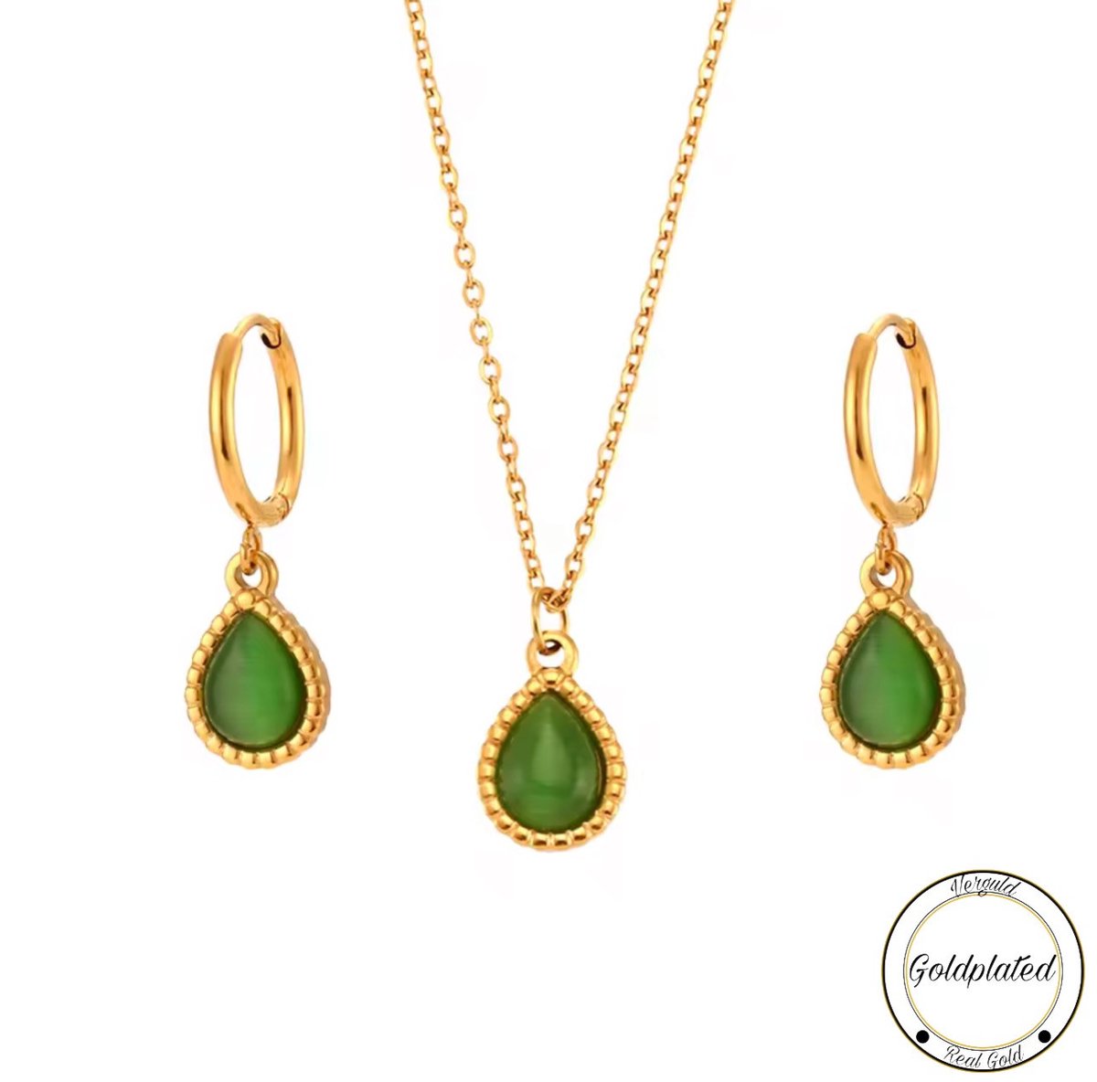 Borasi Groen Zirkonia Ketting&Oorbel Set | Goldplated | Dames Sieraden | Luxe Geschenkzakje | Cadeau Voor Haar |