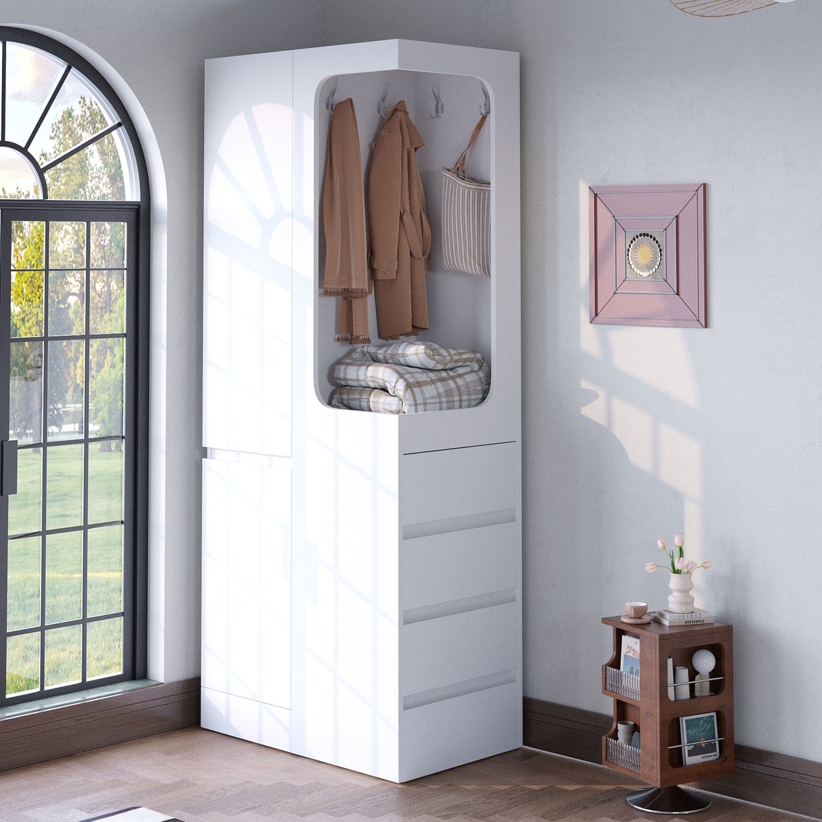 Kledingkast 70 x 40 x 170 cm - met lades en opbergruimte - open kledinggedeelte - enkele deur - wit
