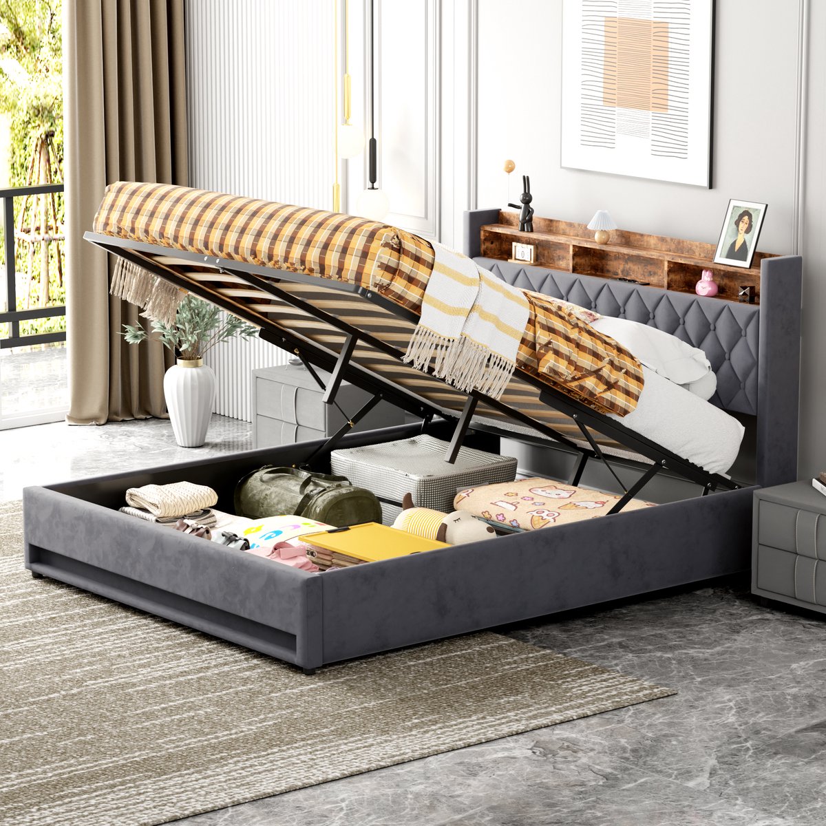 OKWISH Gestoffeerd Bed 160 x 200 cm - Met Opbergruimte En Lades - LED Verlichting En USB - Fluwelen Bedframe - Grijs