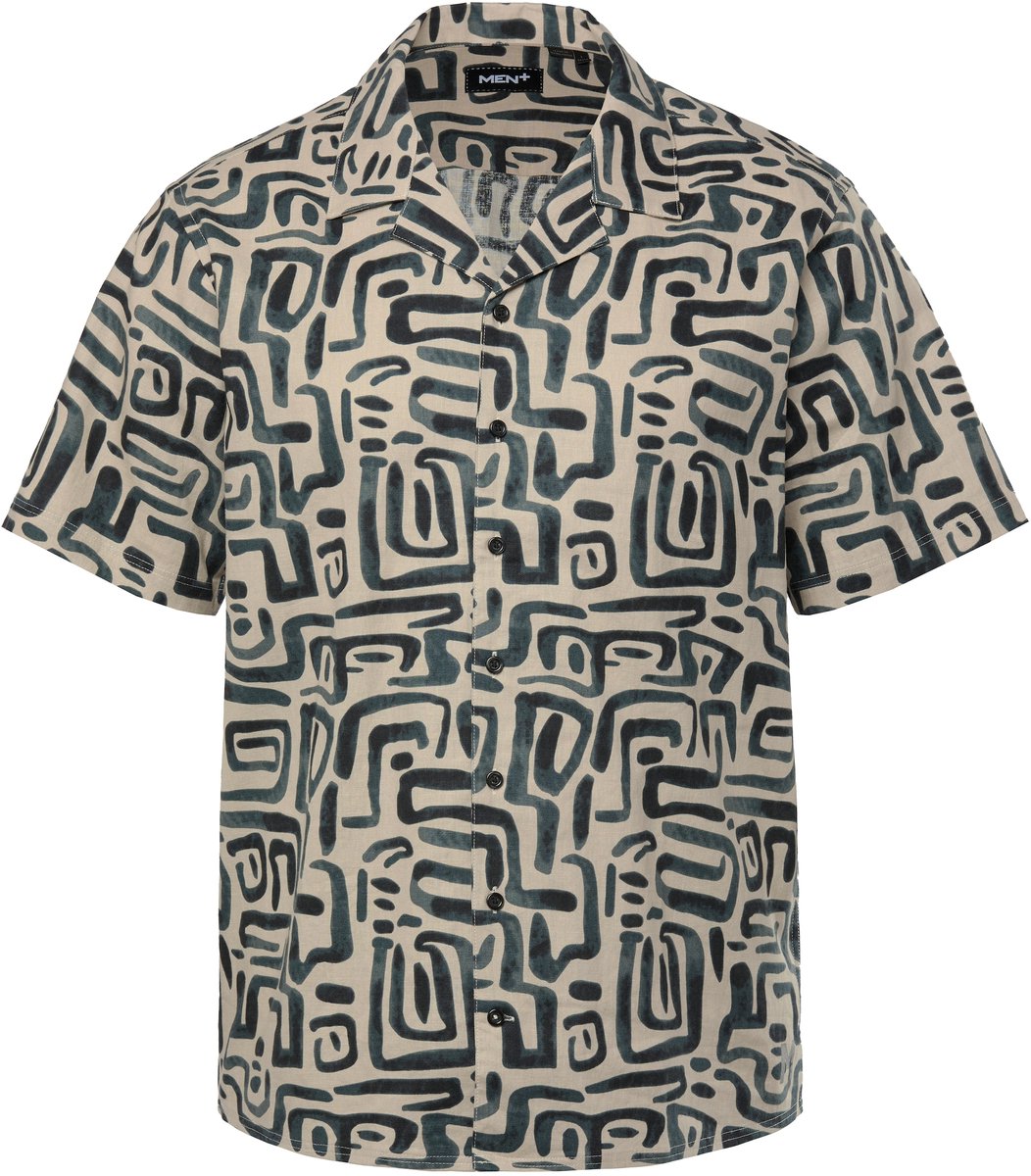 Men Plus - Heren - Linnenmix-overhemd korte mouw Cubaanse kraag all-over print - Lichtbeige - Maat 5XL