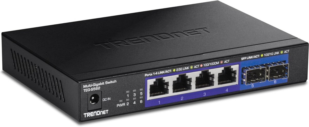 6-poorts multi-gigabit netwerk switch met 2 x 10G SFP+ poorten, ventilatorloos ontwerp en metalen behuizing