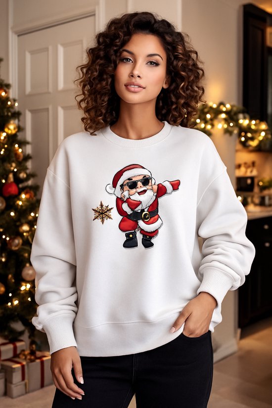 La Booty Kersttrui Dames- Oversized- Zachte Sweat stof- Off White- Dabbing Santa Print- maat L/ XL