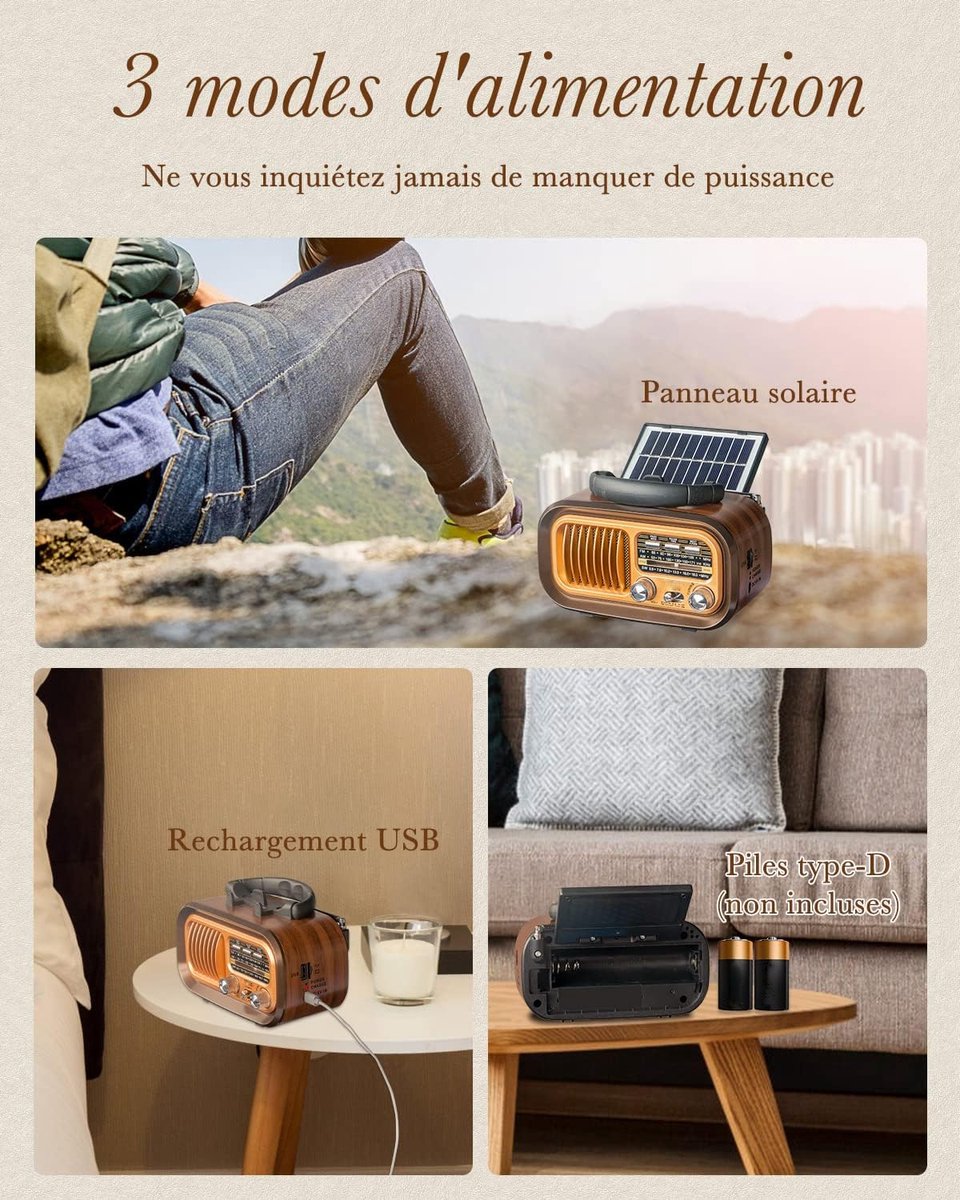 Kleine Draagbare Radio - AM FM SW Retro Vintage Radio - 1200mAh Batterij Of D-Cellen - Bluetooth Kofferradio - USB TF Kaart - Noodradio Solar - Powerbank Functie - Binnen Buiten Gebruik - Noodpakket - Goud Kleur - Draagbare Oplader - Multifunctioneel – foto 3
