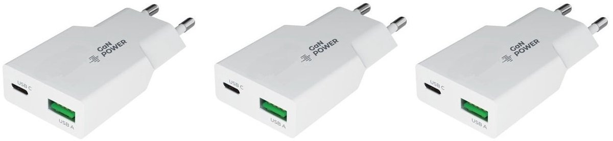 3 stuks OneOne 36W snellader met 2 poorten. USB C en USB A. GAN Quick Charge lader. PD PPS oplader adapter past op Samsung Galaxy A33, A52, A53, A6s, A70, A71, A72, A73, A80, A90, C7 Pro, C9 Pro, Galaxy F02s, F12, F13, F22, F23, F52
