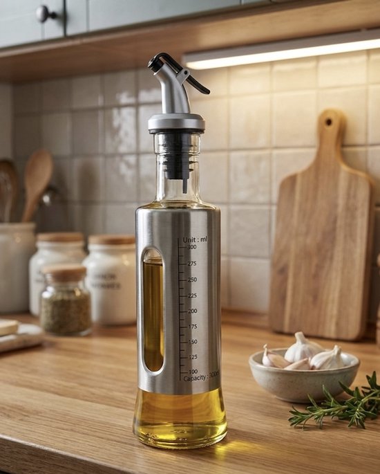 Fles olijfolie, fles olie en azijn, oliedispenser, roestvrij staal, met schenktuit en trechter, gebruikt voor grillen, 300 ml x 2, woorden onbedrukt