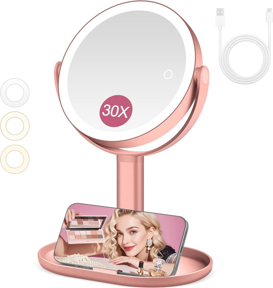 Dubbelzijdige Vergrootspiegel met Licht 10X/1X - Verlichte Make-up Spiegel met 3 Kleurmodi en Instelbare Helderheid