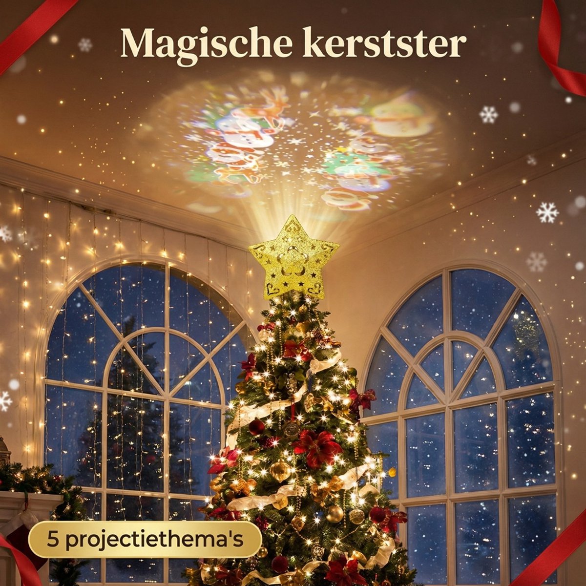 3D Kerstboom Projector Lamp – Piek – kerstboomstertopper- kerstboomversiering - USB – Roterend – Met 5 Dia’s (Sterren, Engel, Kerstman, Kerstboom) – 360° Rotatie – 3m Kabel – Goudkleurige Ster Ontwerp