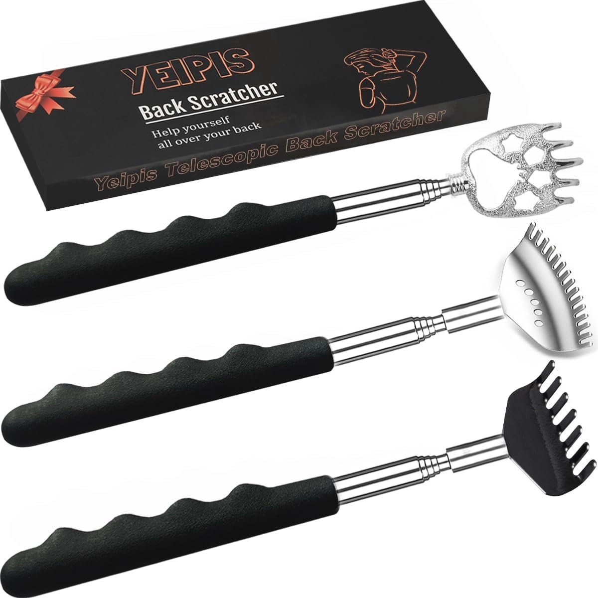 3 Pack Metalen Telescopische Back Scratcher met Rubberen Handvatten - Draagbare Rugmassage Gereedschap