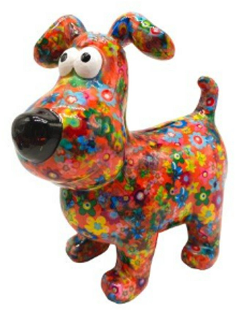 Pomme pidou spaarpot hond hugo M oranje met gekleurde bloemetjes