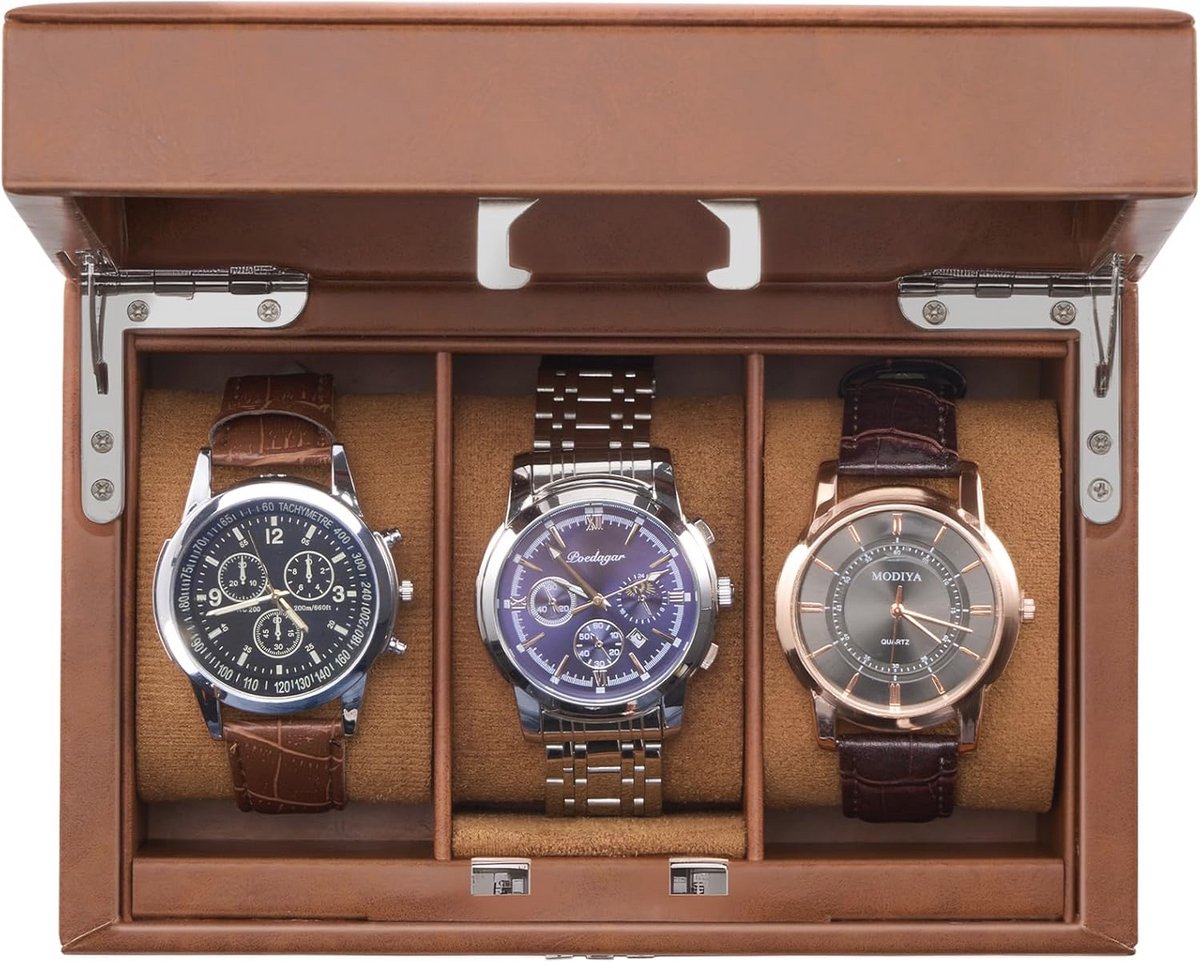 Heren Horlogedoos met 3 Compartimenten en Combinatieslot - Bewaarbox met Glazen Deksel