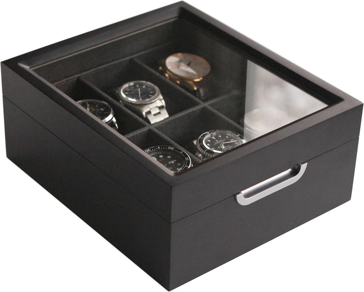 Moderne Horlogebox 2x3 voor 6 Horloges met Echt Glas en Aluminium Handgreep