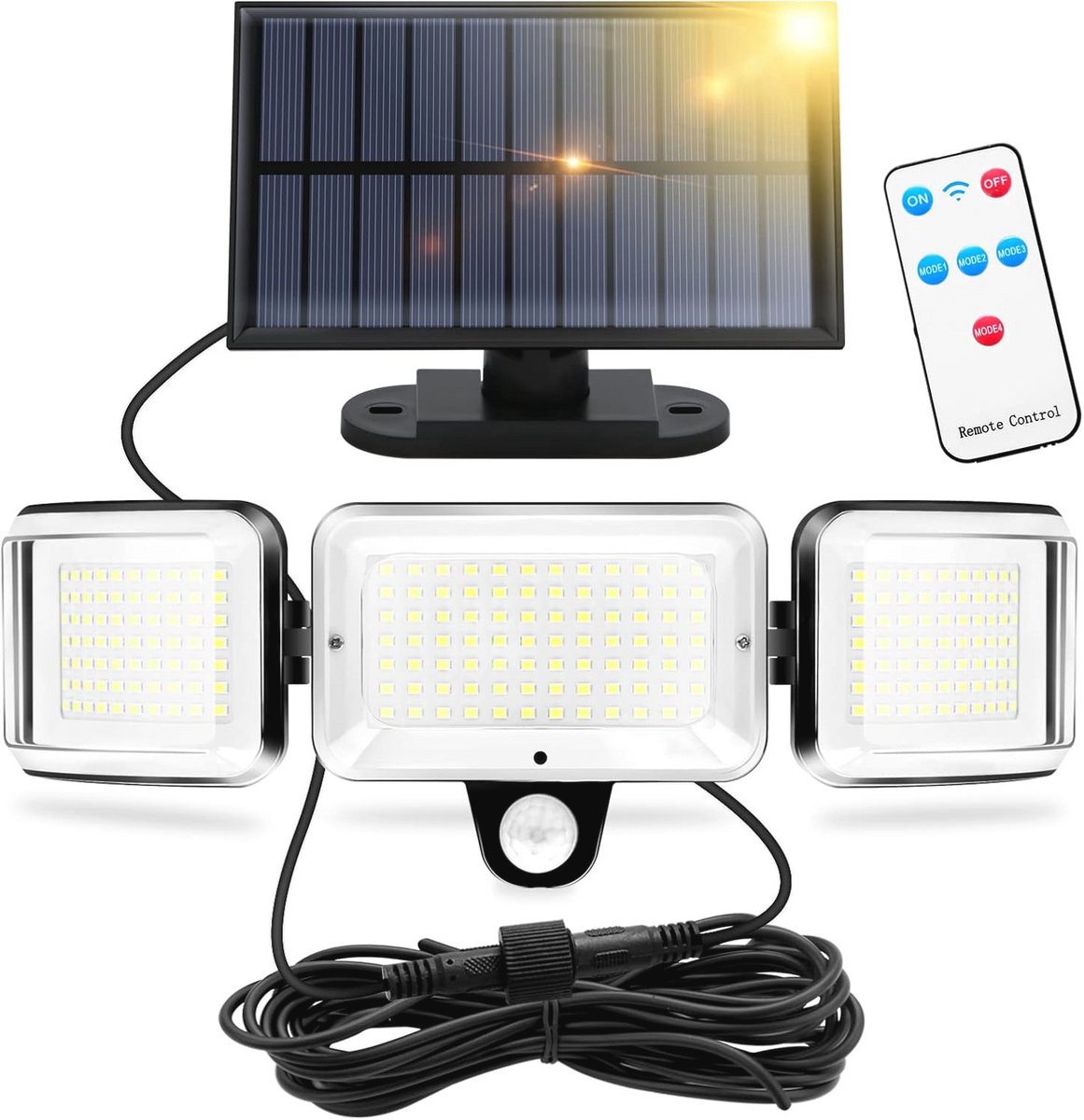 Zonne-energie Buitenverlichting met Bewegingssensor en Afstandsbediening – 224 LEDs, 1600 Lumen, 4 Modi