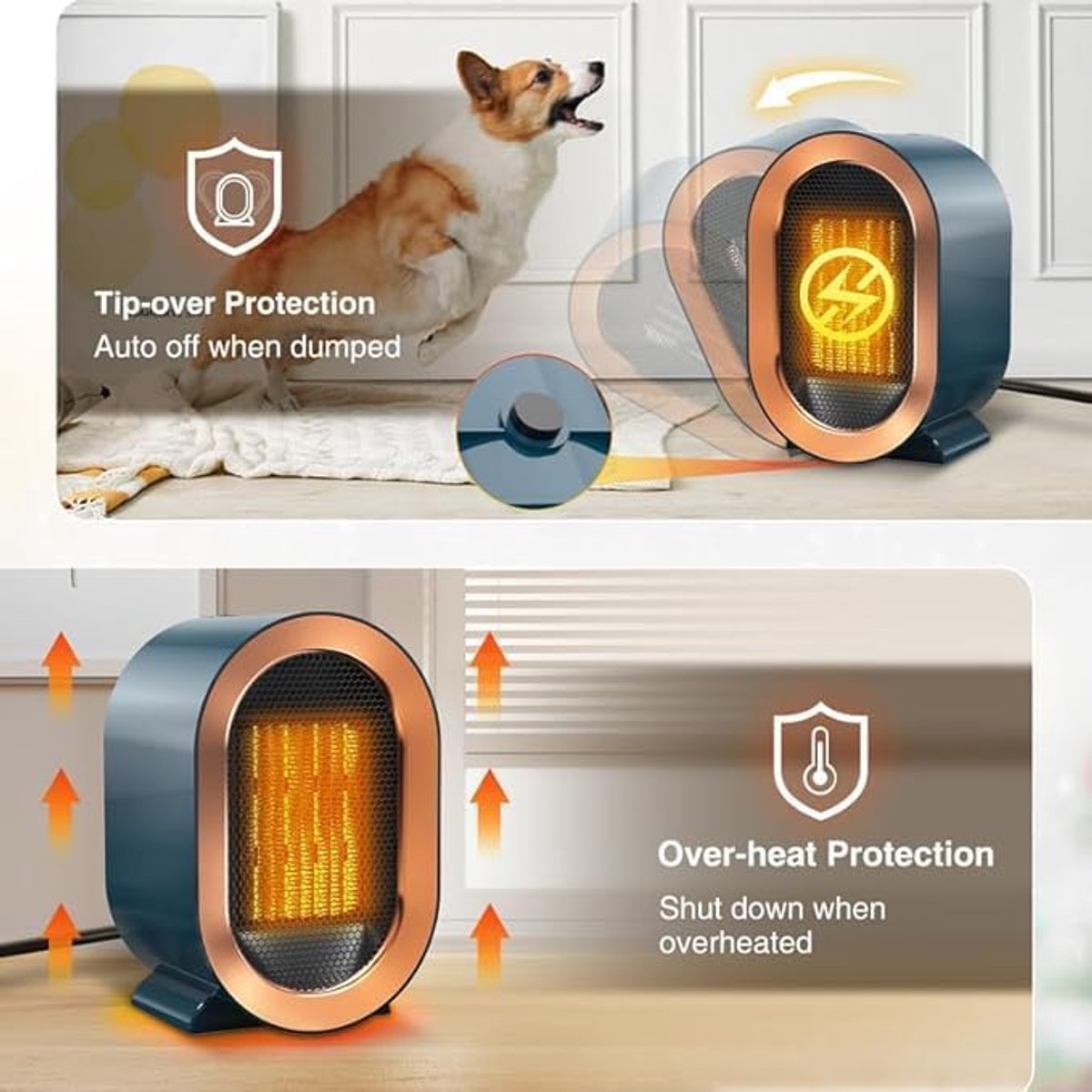 Elektrische kachel - Stille kachel - Miniverwarmer - Draagbare minikachel - Keramische PTC-ventilatorkachel - Winterwarmte - 2 warmte-uitgangen - Oververhittings- en kantelbeveiliging - Geschikt voor thuis - Ouderen - Kinderen - Huisdieren - blauw – foto 5