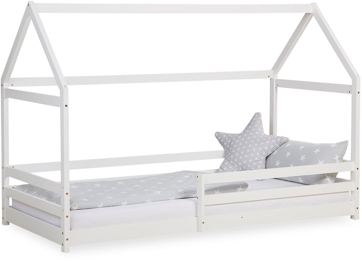 Homestyle4u Kinderbed - 90x200 cm - Vloerbed - Huisbed - met valbeveiliging - Wit