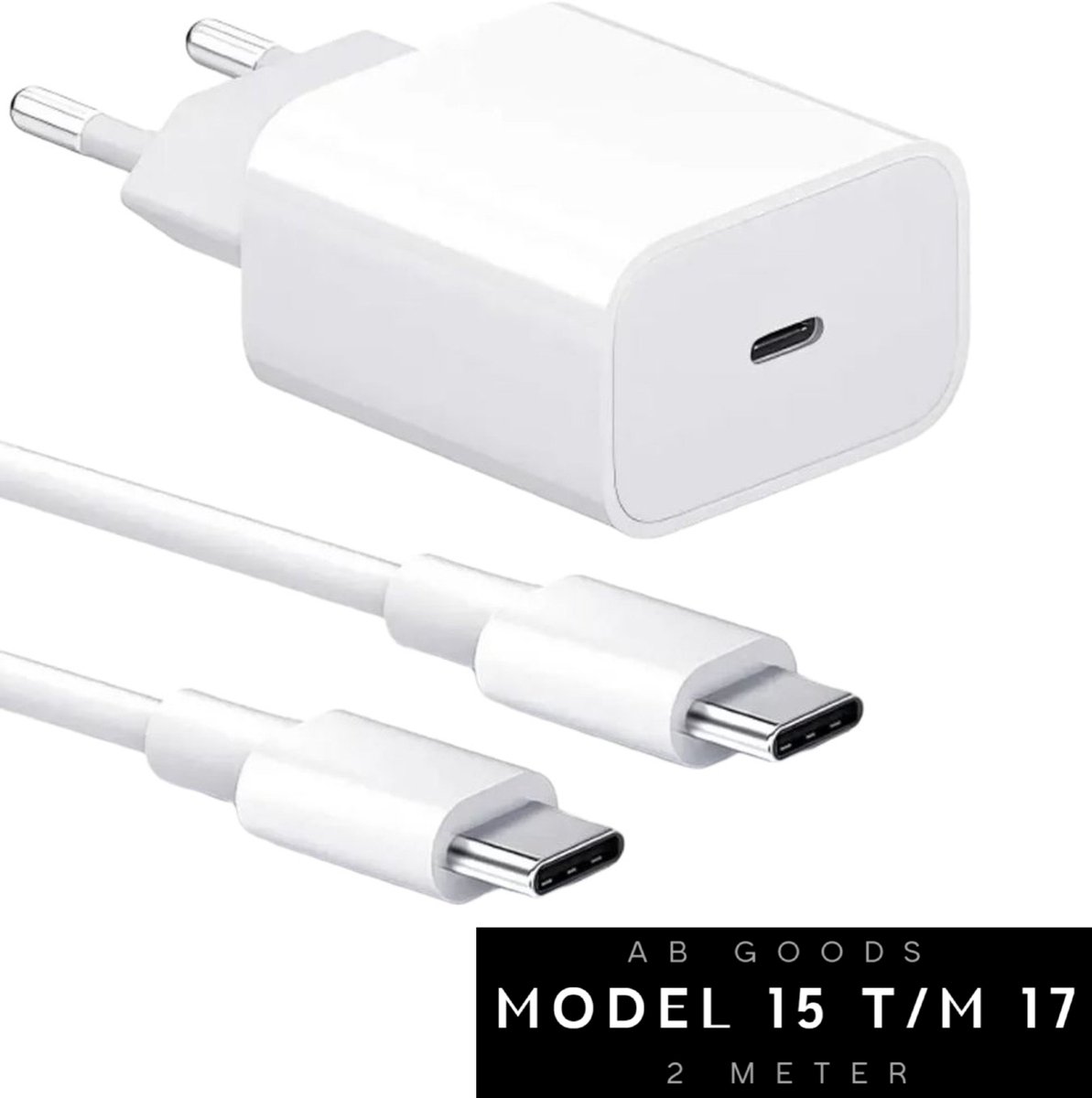 AB Goods Oplader Set - Adapter + Kabel 2M - 20W USB-C Snellader 2M Kabel - Snellader Voor USBC Smartphone's - Wit